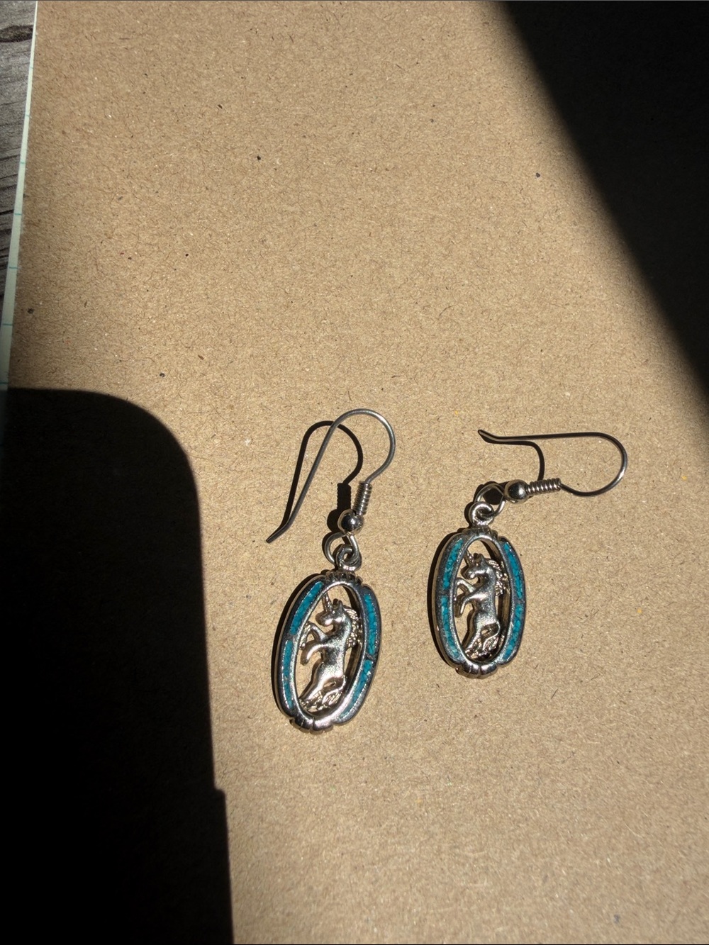 Unicorn Earrings Blue Silver Horse Oval Dangling